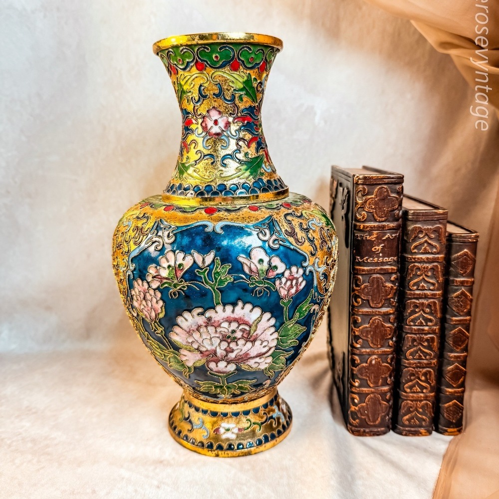Chinese Cloisonne Gold Brass Vase with Peonies